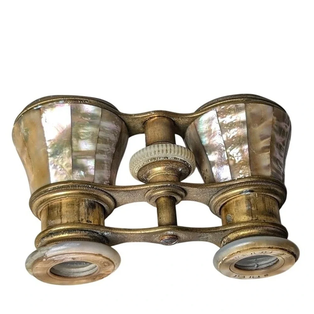 Antique French Mother of Pearl Brass Opera Glasses Le Souverain Paris Binoculars